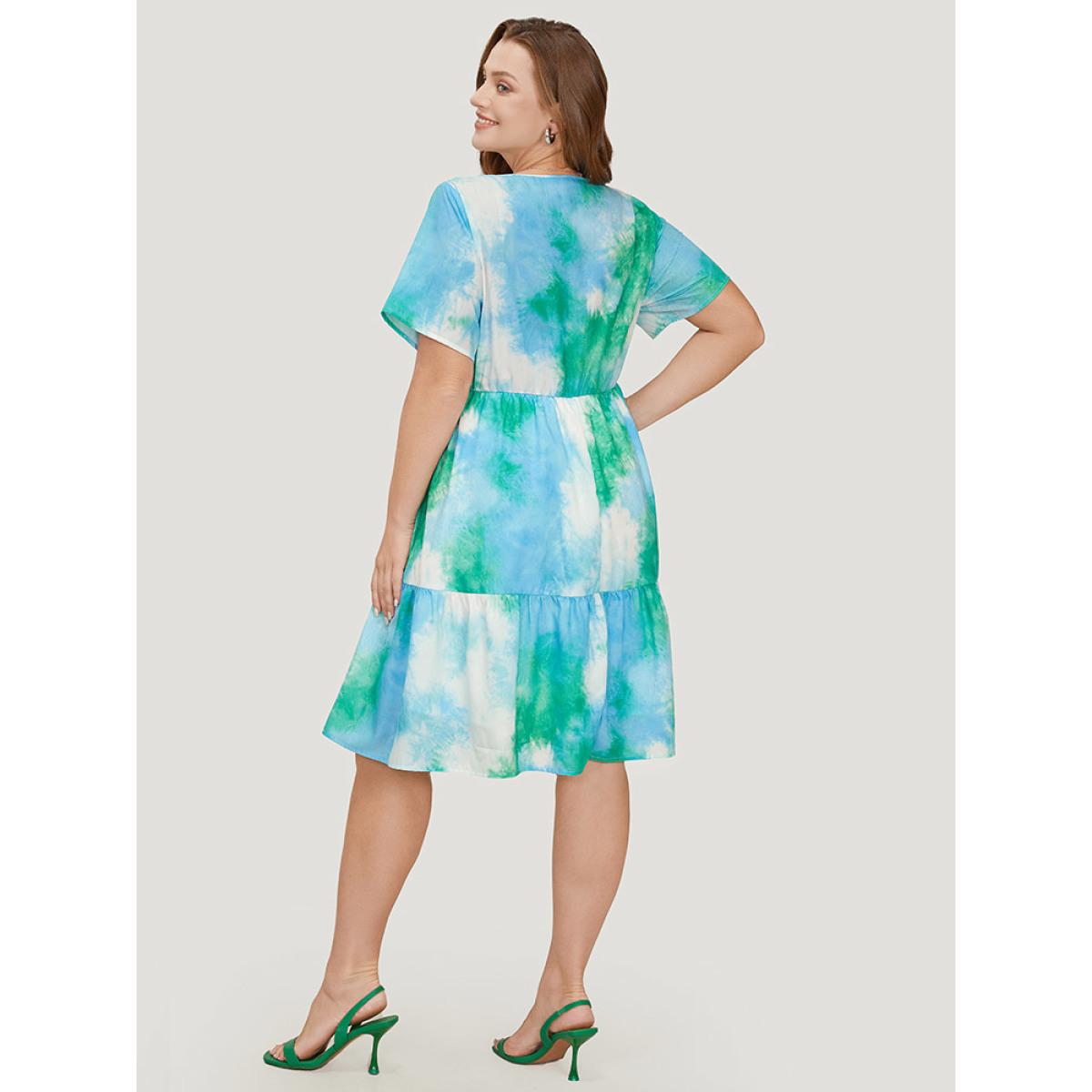 Plus Size Tie Dye Crew Neck Pocket Ruffle Tiered Dress Multicolor Women Vacation Tiered Round Neck Short sleeve Curvy Knee Dress BloomChic 14-16/1X Product Image