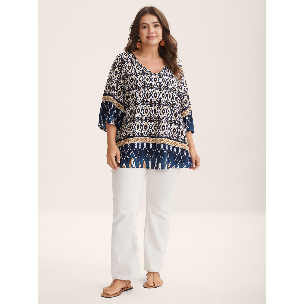 Plus Size Indigo Pin-Tuck Pleat Ornate Print Relaxed Fit Shirt Women Boho Elbow-length sleeve V-neck Vacation Blouses BloomChic 18-20/2X Product Image