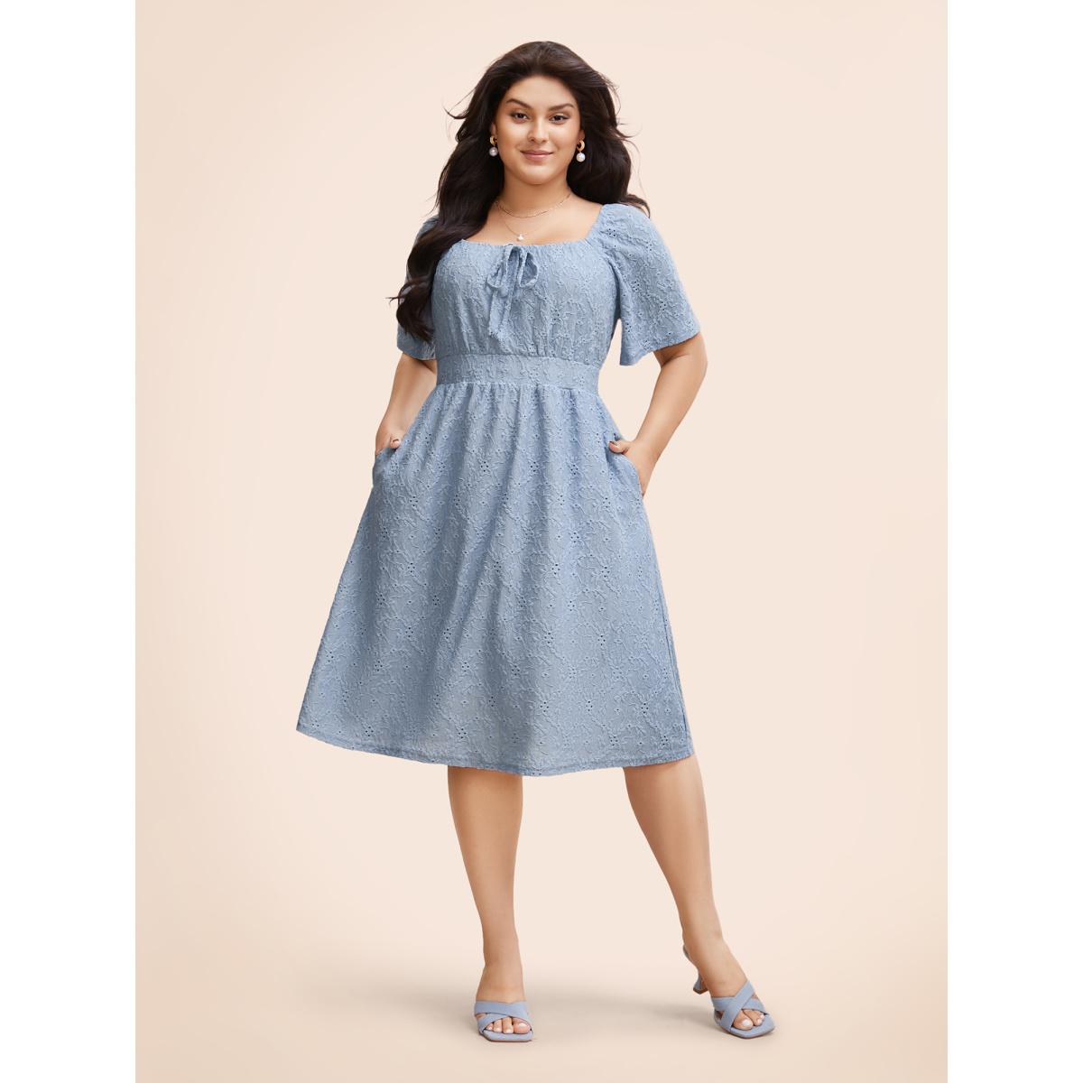 Plus Size Textured Bowknot Ruffle Sleeve Dress Stone Women Elegant Tie knot Square Neck Short sleeve Curvy BloomChic 26/4X Product Image