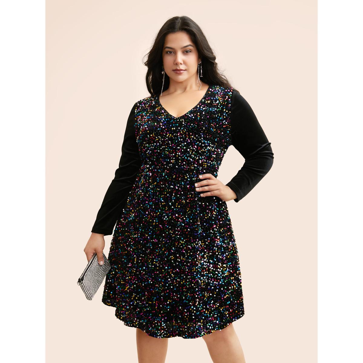 Plus Size V Neck Sequin Patchwork Dress Black Women Cocktail Texture Party Curvy Bloomchic 10/M Product Image
