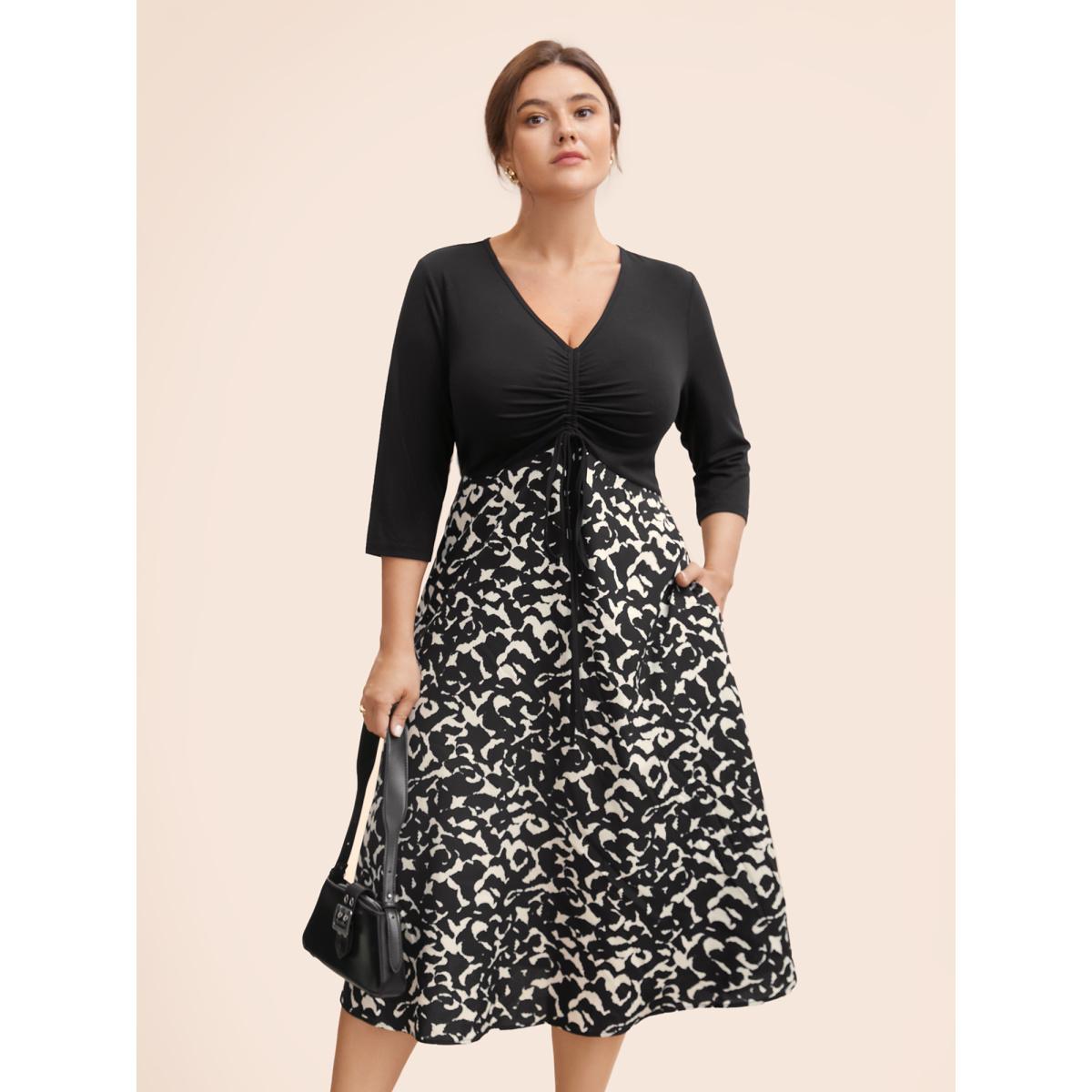 Plus Size V Neck Patchwork Drawstring Dress Black Women Elegant Patchwork V-neck Elbow-length sleeve Curvy BloomChic 14-16/1X Product Image