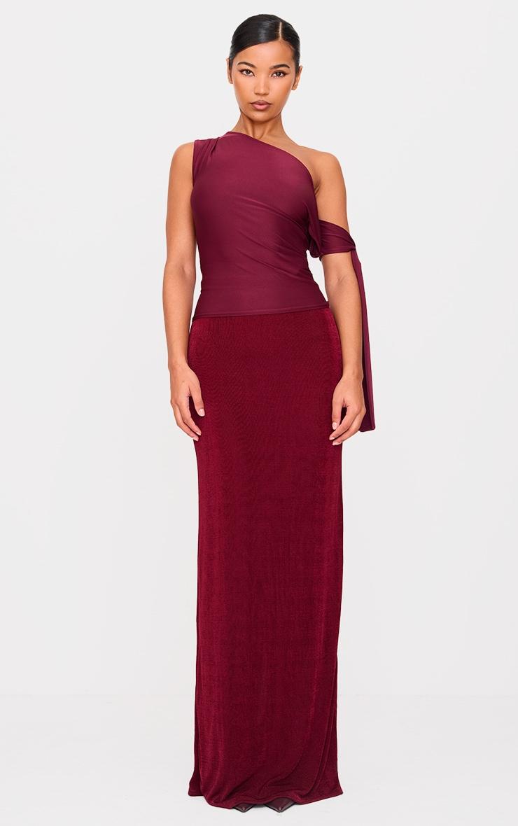 Burgundy Acetate Slinky Low Rise Maxi Skirt Product Image