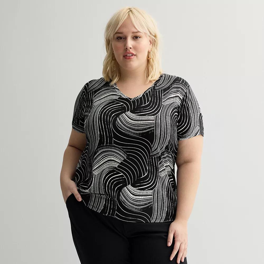 Plus Size Nine West Essential Soft Spun Short Sleeve V-Neck Tee, Women's, Size: 1XL, Black Midcomb Abstract Product Image
