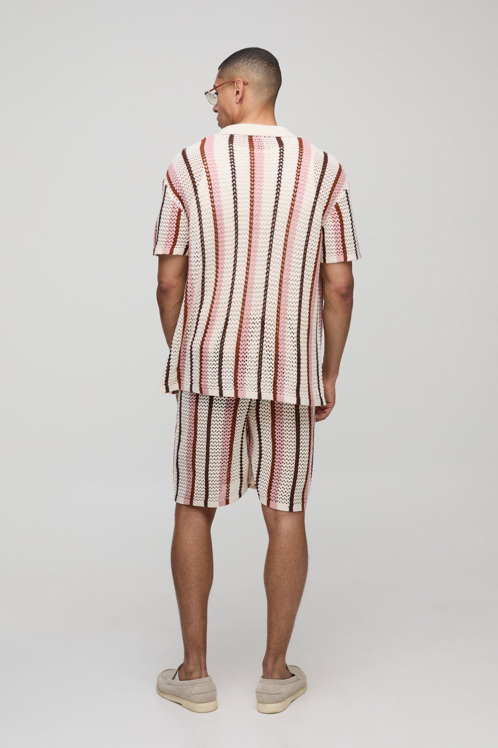 Relaxed Fit Mid Length Open Stitch Stripe Knitted Shorts | boohooMAN USA Product Image