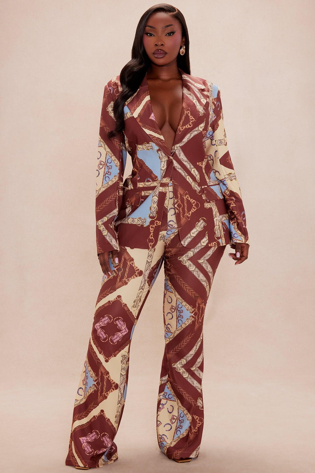 Paula Blazer Pant Suit Set - Brown/combo Female Product Image