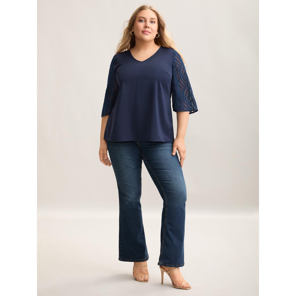 Plus Size Indigo Sheer Mesh Sleeve Spliced V-Neck Blouse Women Elegant Elbow-length sleeve V-neck Everyday Blouses BloomChic 22-24/3X Product Image