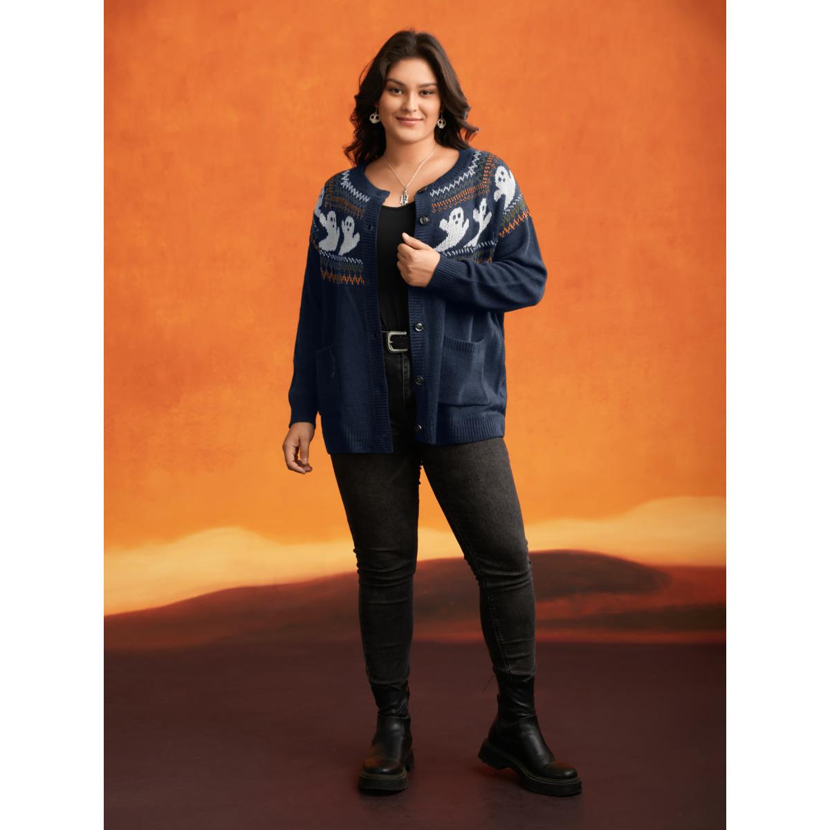 Plus Size Ghostly Fair Isle Button-Up Cardigan Indigo Women Casual Long Sleeve Everyday Cardigans BloomChic 30/6X Product Image