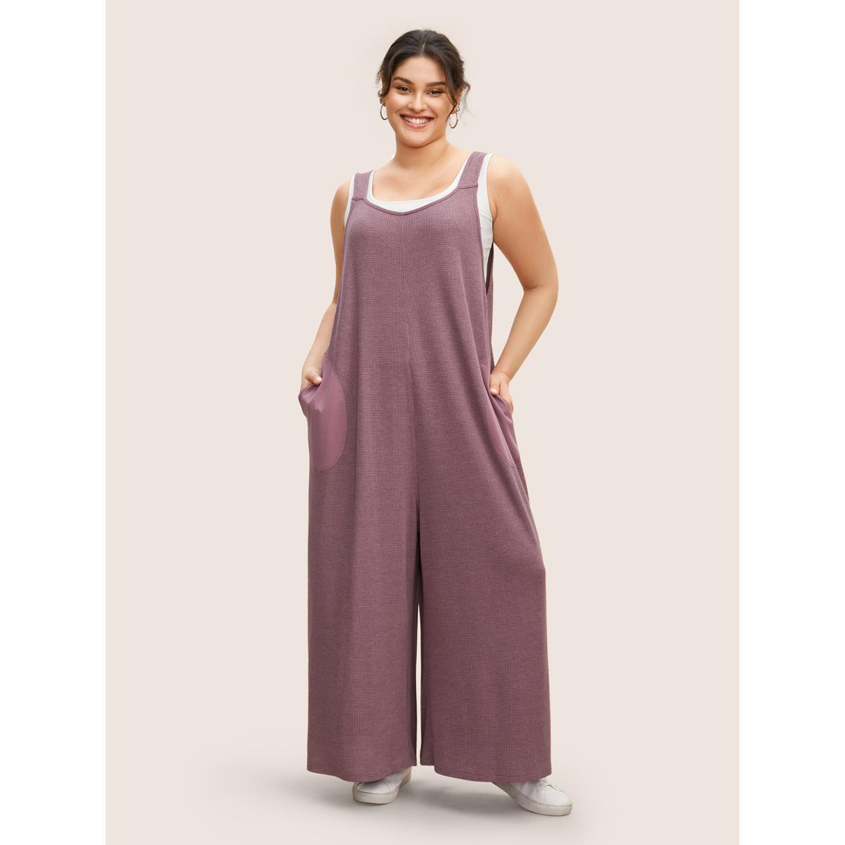 Plus Size Mauve Waffle Knit Tie Knot Wide Leg Jumpsuit Women Casual Sleeveless Heart neckline Everyday Loose Jumpsuits BloomChic 28/5X Product Image