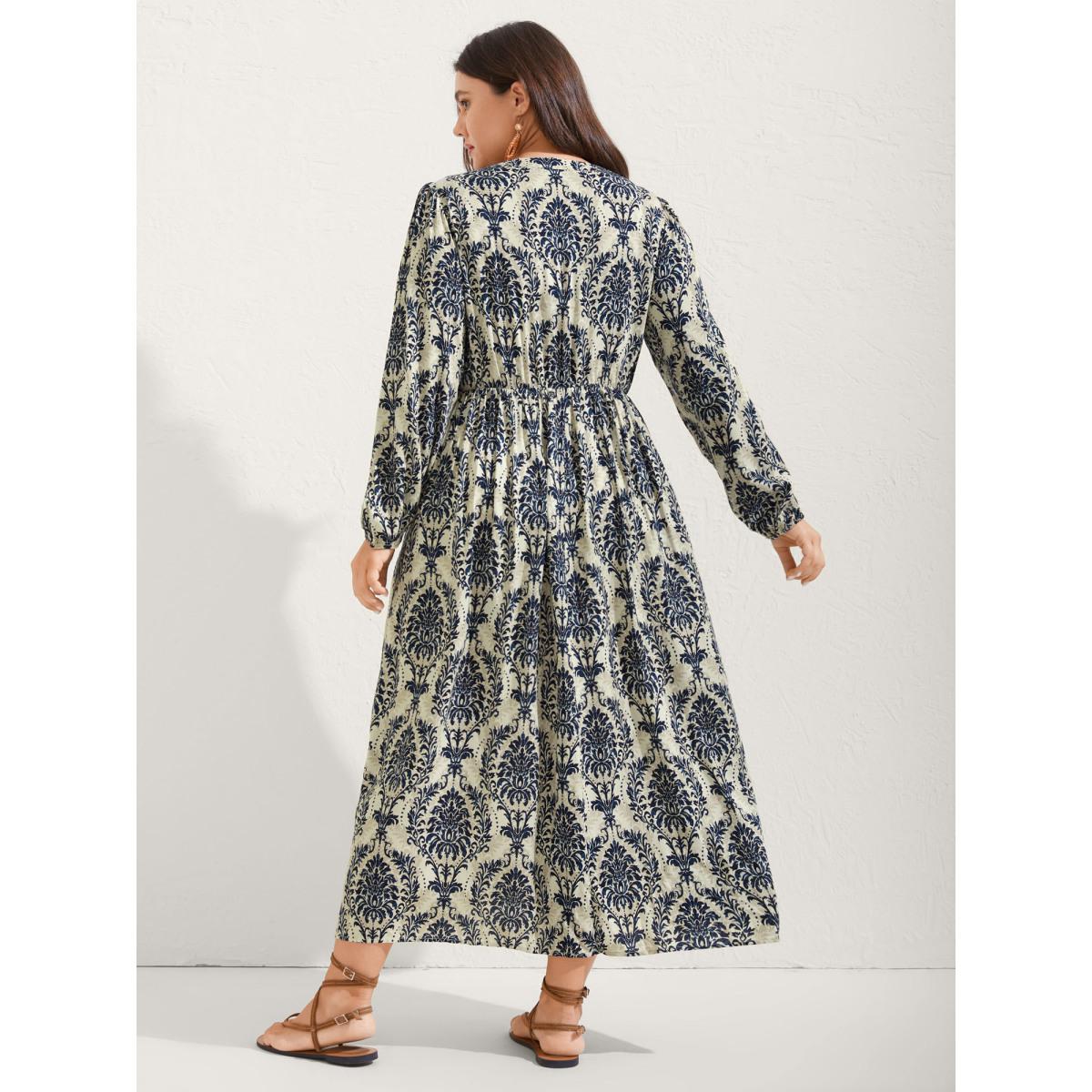 Plus Size Boho Print Notched Tie Knot Maxi Dress DarkBlue Women Boho Tie knot Flat collar with V-notch Long Sleeve Curvy BloomChic 30/6X Product Image