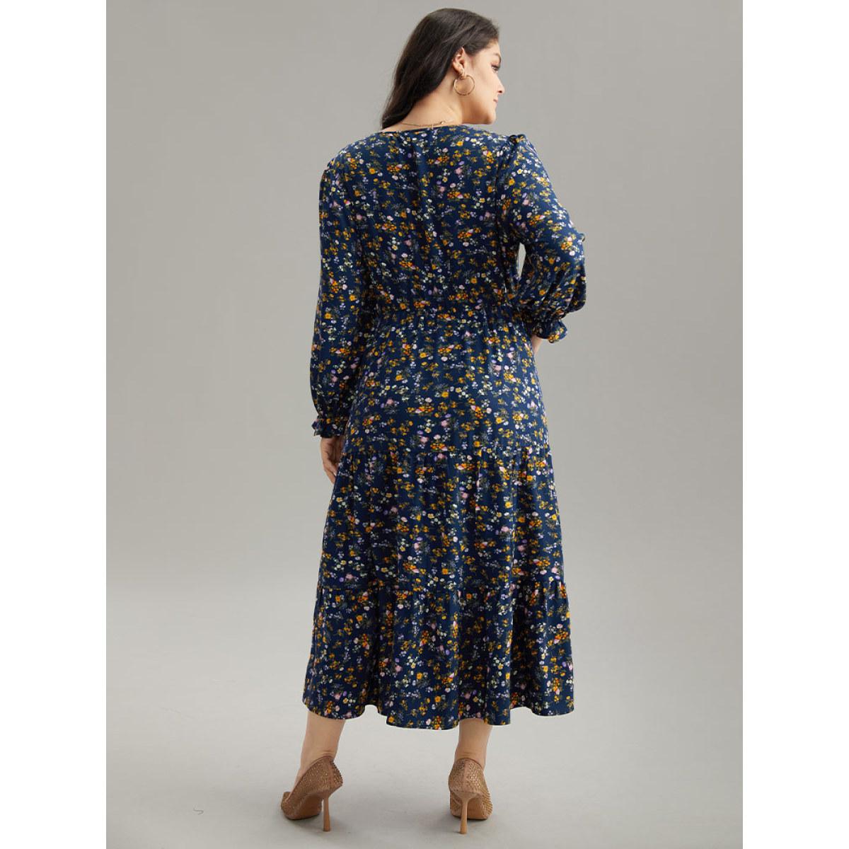 Plus Size Ditsy Floral Button Detail Ruffles Pocket Dress Navy Women Office Printed V-neck Long Sleeve Curvy Midi Dress BloomChic 14-16/1X Product Image