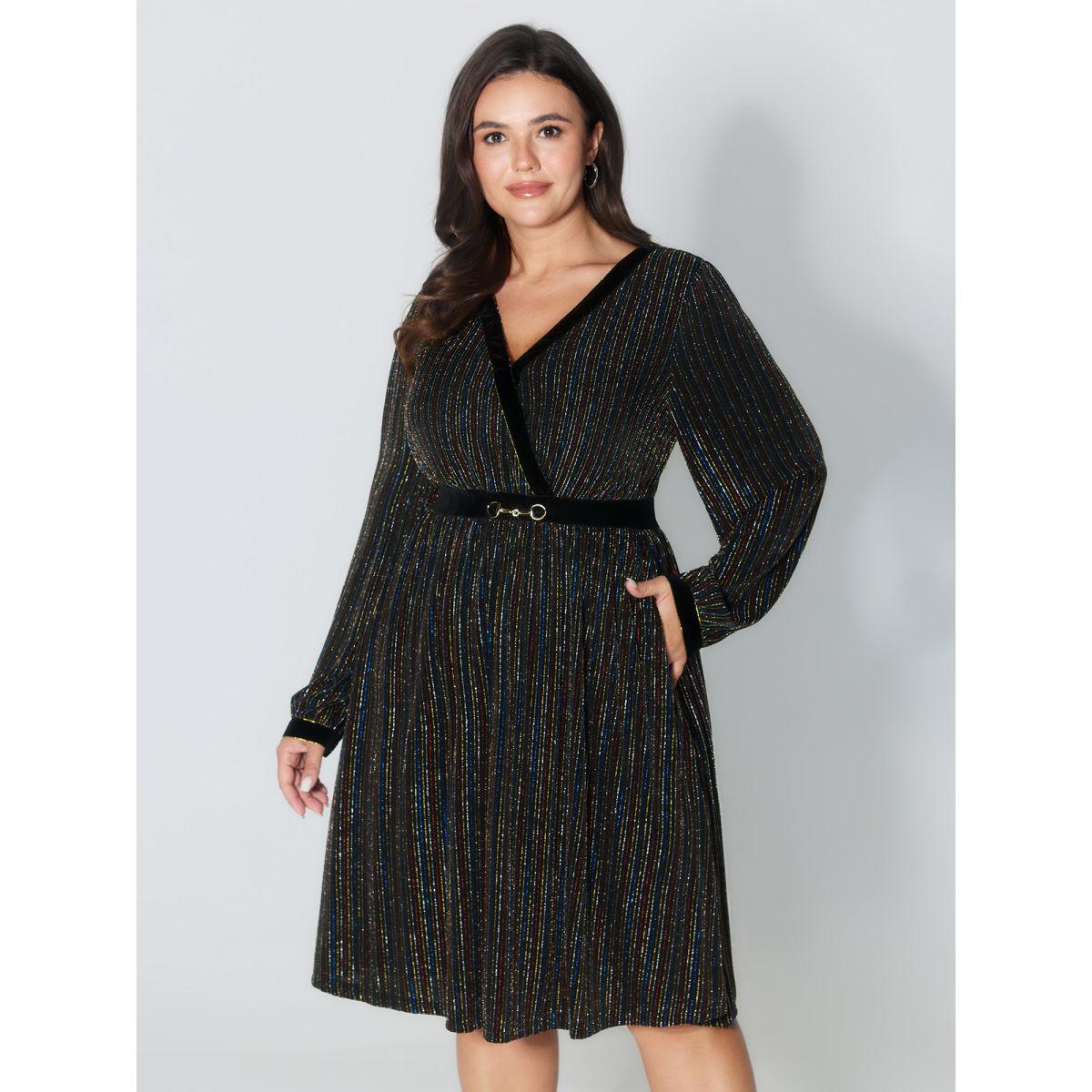 Plus Size Striped Surplice Neckline Flowy Midi Dress Black Women Party&Cocktail Overlap Collar Extra Long Sleeve Curvy BloomChic 14-16/1X Product Image