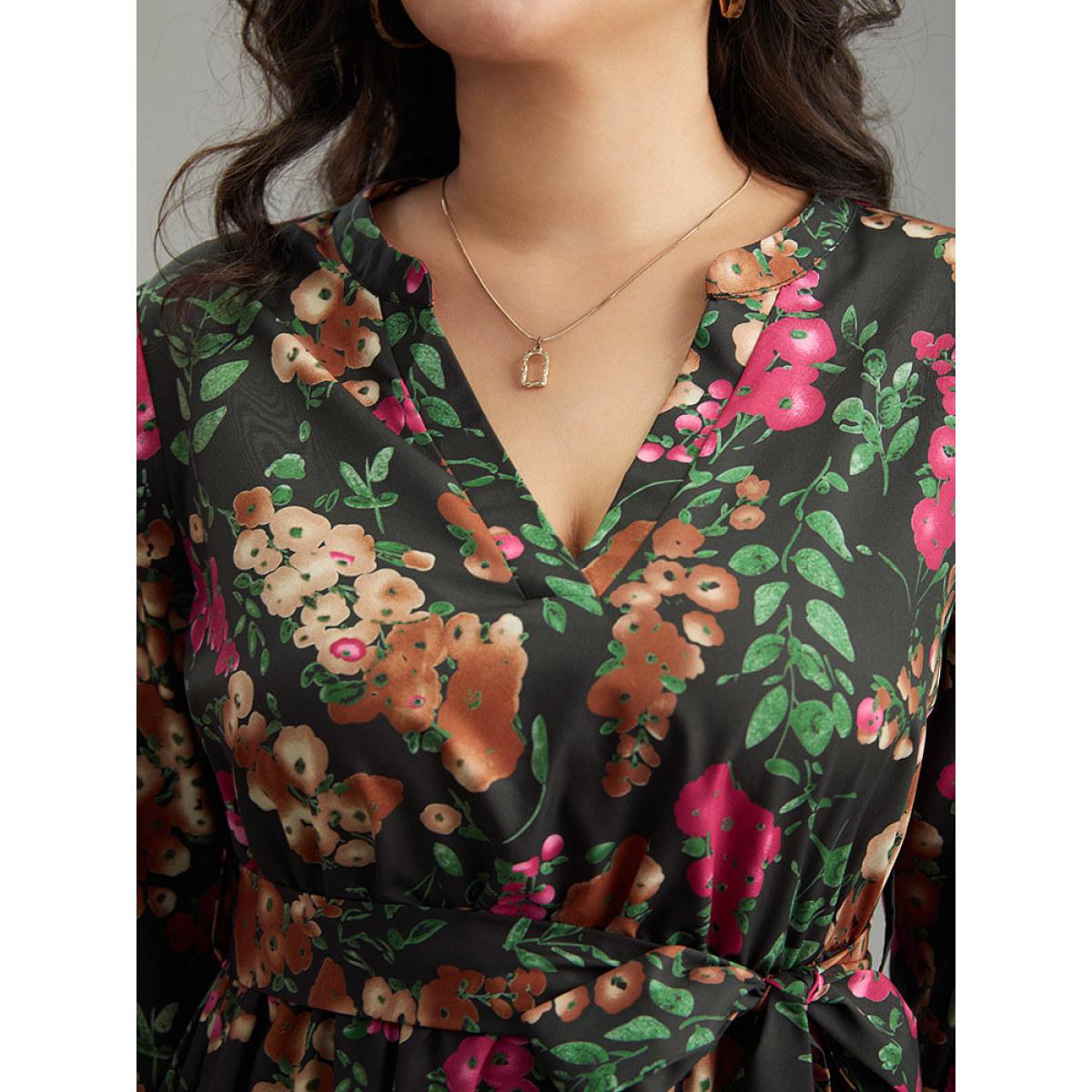 Plus Size Floral Print Belted Elastic Cuffs Dress Black Women Elegant Elastic cuffs Notched collar Long Sleeve Curvy Midi Dress BloomChic 12/L Product Image