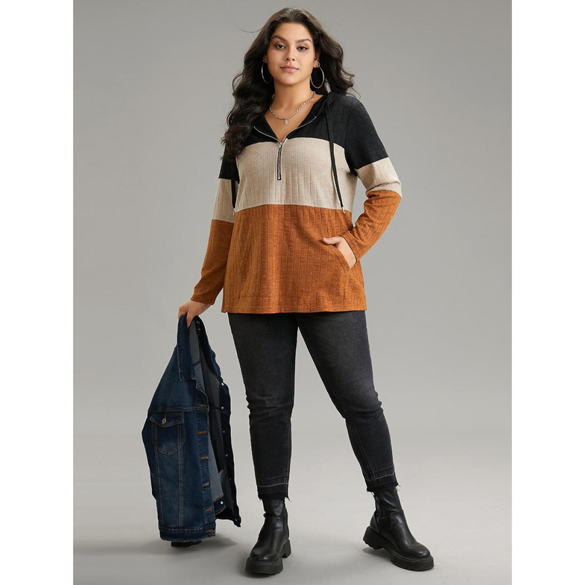 Plus Size Rib Knit Colorblock Contrast Half Zip Hooded Sweatshirt Women Black Casual Texture Hooded Dailywear Sweatshirts BloomChic 12/L Product Image