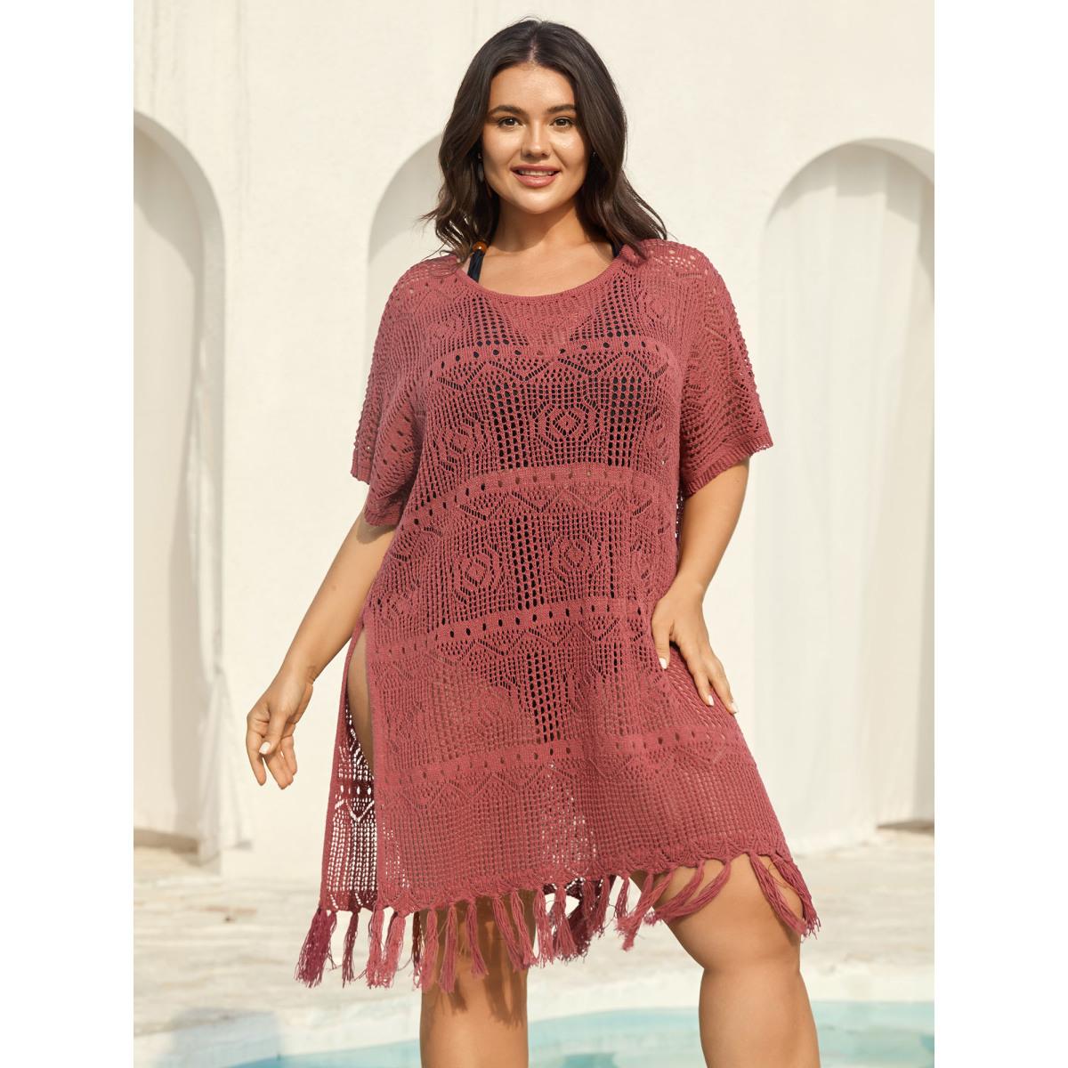 Plus Size Crochet Slit Tassels Swim Cover-Up Women's Swimwear Rust Beach Loose Texture Curve Swim Cover Ups BloomChic 18-20/2X Product Image
