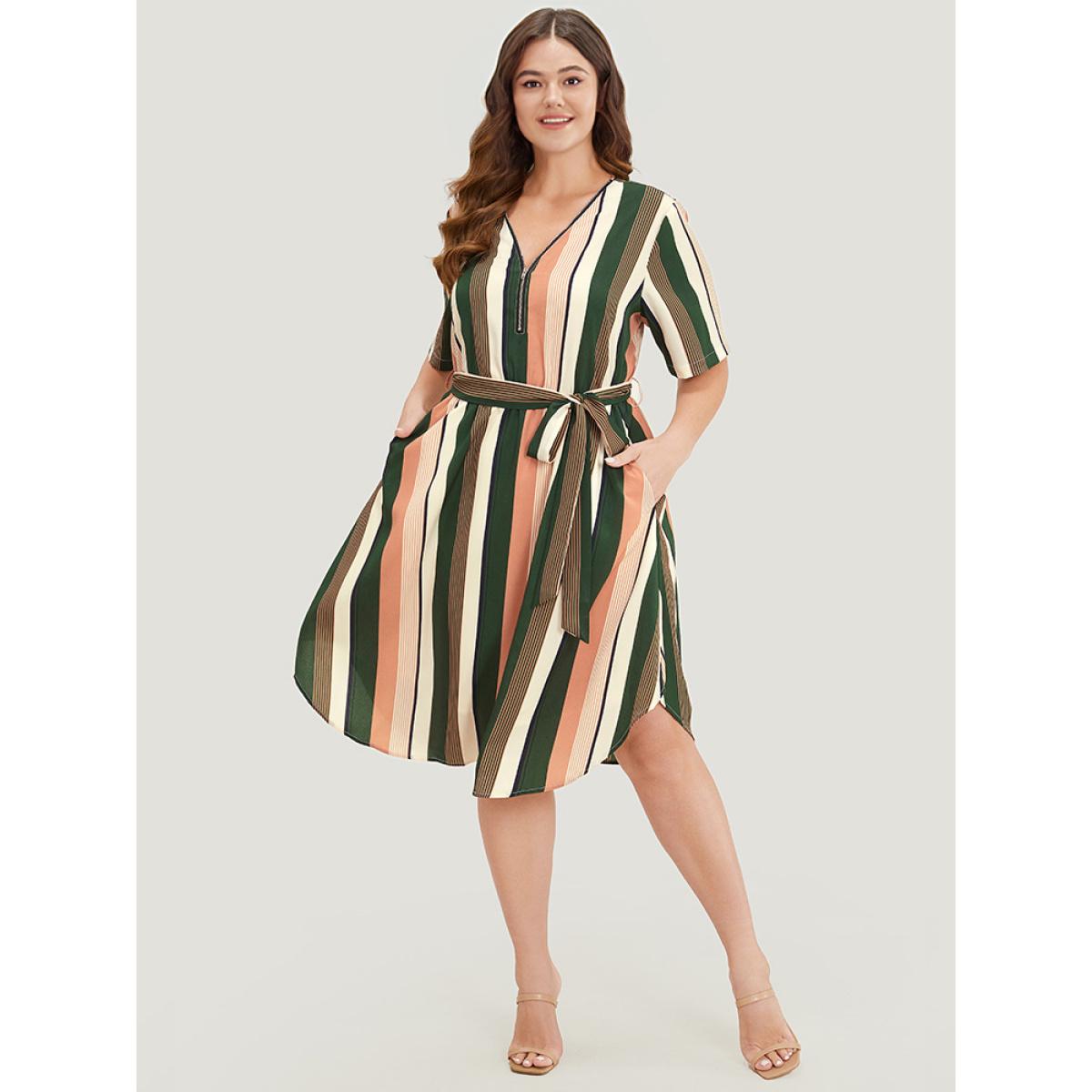 Plus Size Striped Contrast Pocket Belt Arc Hem Zip Up Dress Multicolor Women Office Contrast V-neck Short sleeve Curvy Midi Dress BloomChic 22-24/3X Product Image
