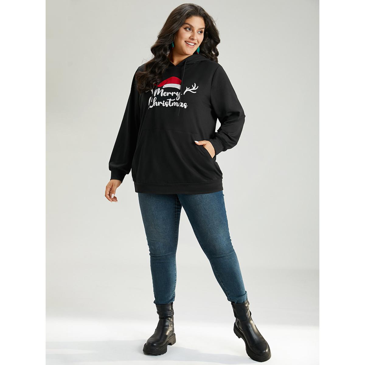 Plus Size Christmas Letter Hooded Drawstring Pocket Sweatshirt Women Black Casual Elastic cuffs Festival-Christmas Sweatshirts BloomChic 28/5X Product Image