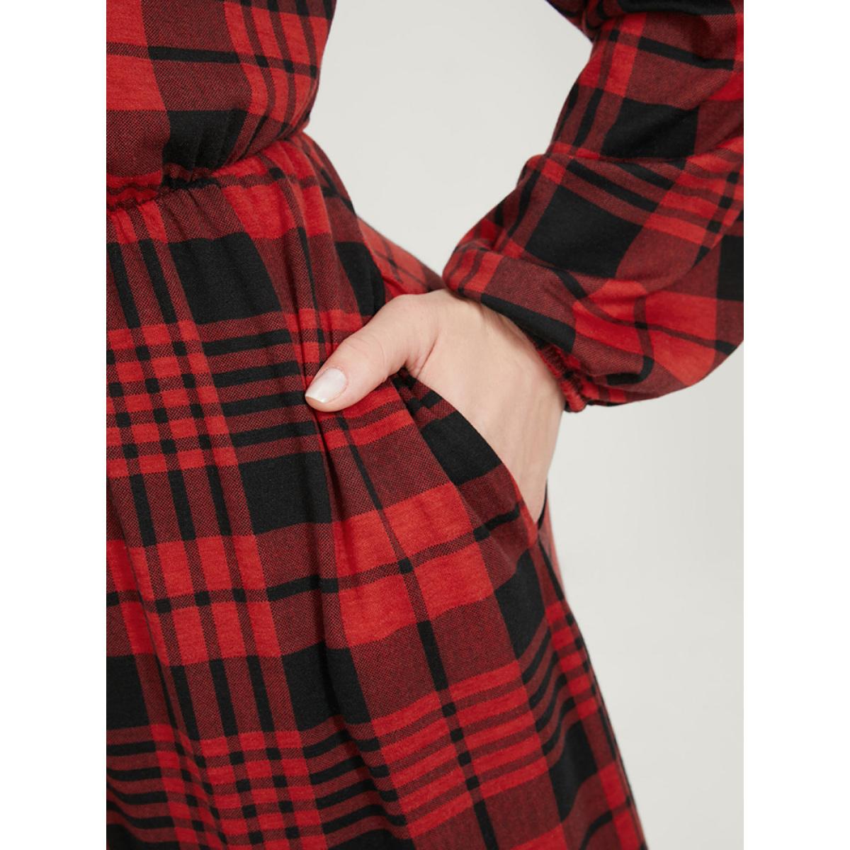 Plus Size Plaid Zip Up Lantern Sleeve Ties Arc Hem Dress Scarlet Women Casual Elastic Waist V-neck Long Sleeve Curvy Midi Dress BloomChic 10/M Product Image