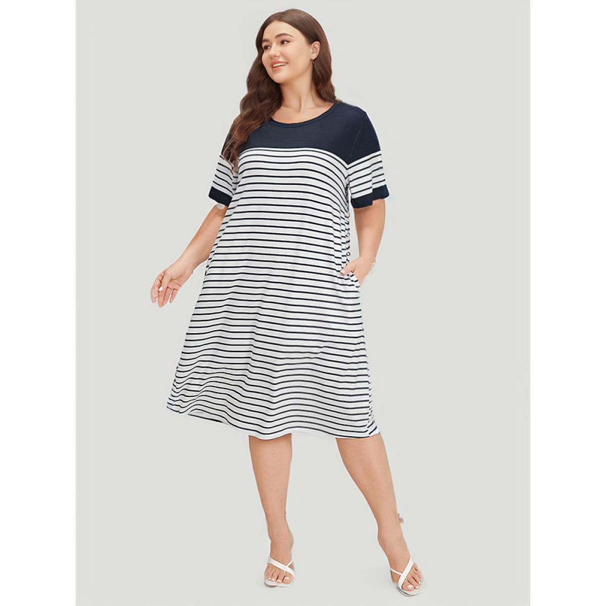 Plus Size Striped Print Patchwork Pocket Round Neck Dress DarkBlue Women Elegant Contrast Round Neck Short sleeve Curvy Knee Dress BloomChic 18-20/2X Product Image