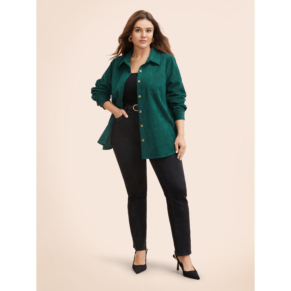 Plus Size Textured Pocket Curved Hem Jacket Women DarkGreen Button Side seam pocket Everyday Jackets BloomChic 22-24/3X Product Image
