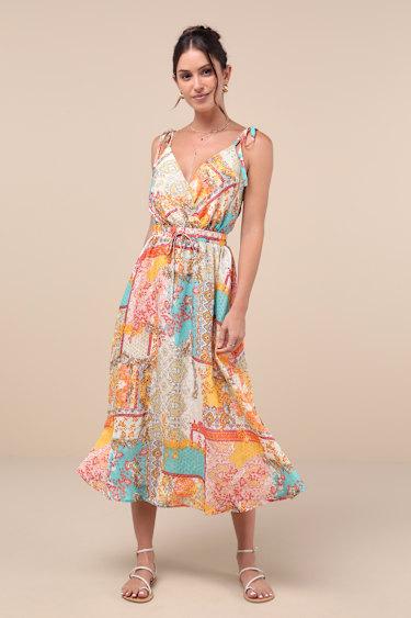 Charming Cuteness Multi Paisley Print Tie-Strap Midi Dress Product Image