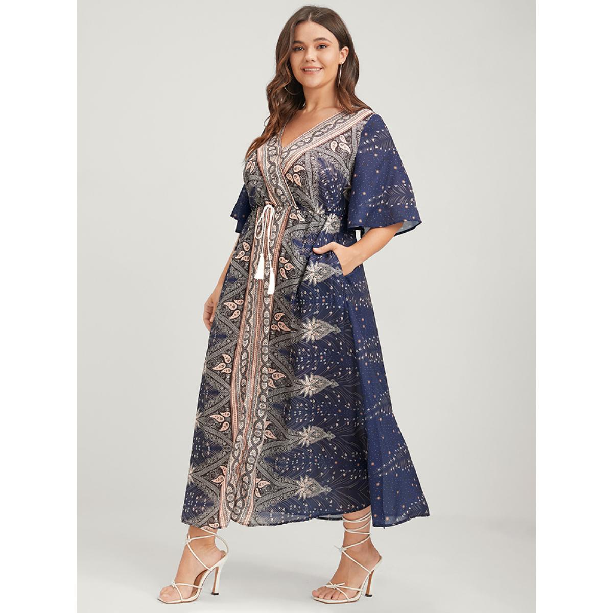 Plus Size Bandana Ruffles Button Split Pocket Ties Wrap Maxi Dress DarkBlue Women Vacation Printed V-neck Half Sleeve Curvy Long Dress BloomChic 14-16/1X Product Image