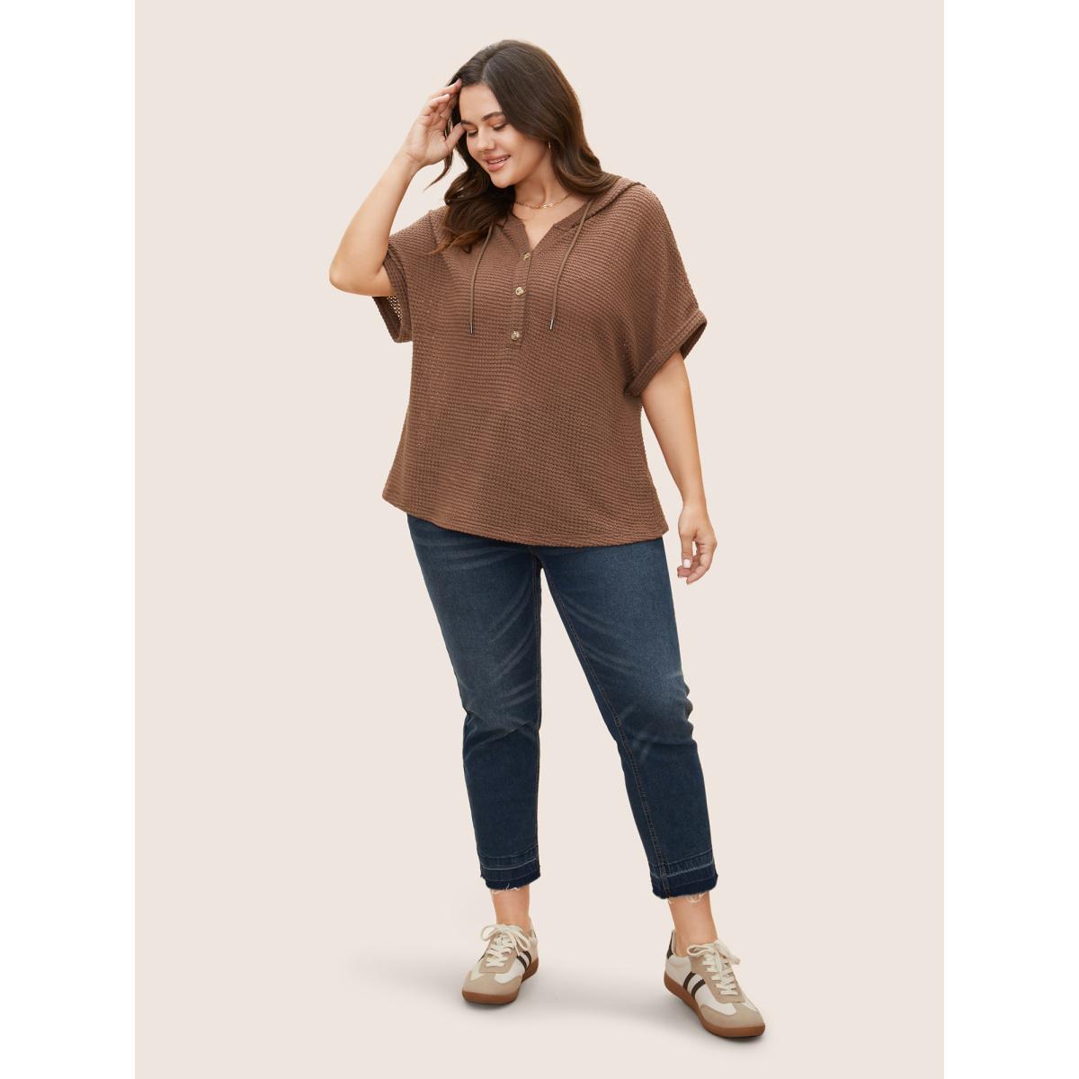 Plus Size Solid Hooded Drawstring Dolman Sleeve T-shirt DarkBrown Women Casual Texture Hooded Everyday T-shirts BloomChic 26/4X Product Image