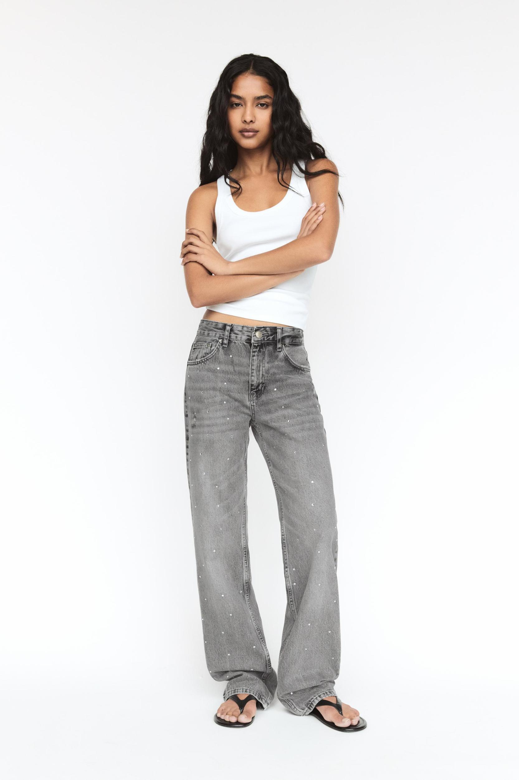 Straight-leg baggy jeans with rhinestones Product Image