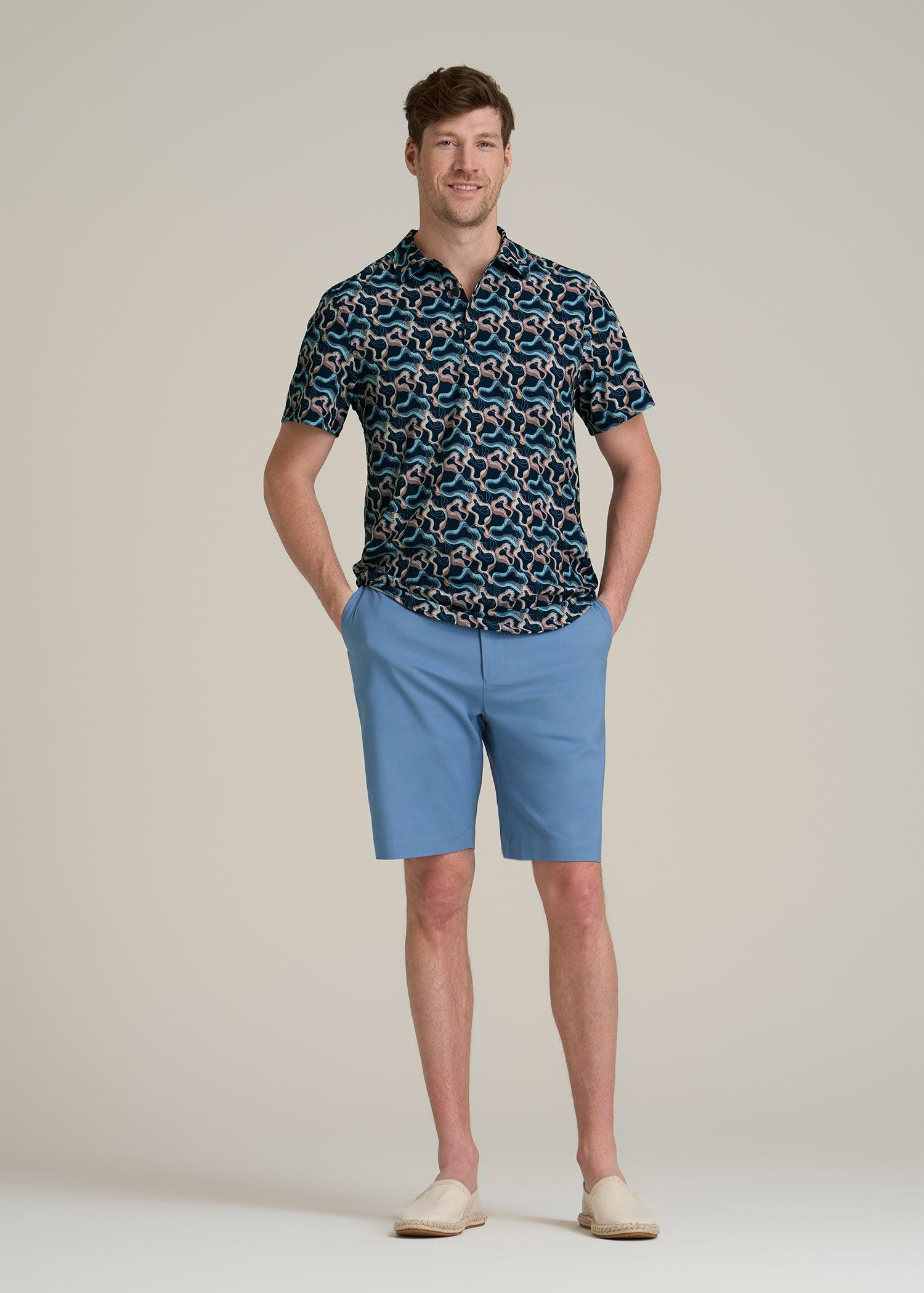 Coastal Perforated Polo Shirt for Tall Men in Blue and Rose Abstract Male Product Image