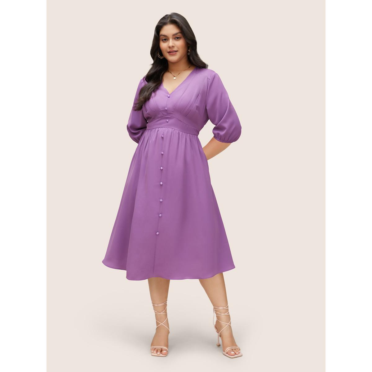 Plus Size Solid Patchwork Pleated Button Detail Dress Mauve Women At the Office Non V-neck Elbow-length sleeve Curvy Midi Dress BloomChic 30/6X Product Image