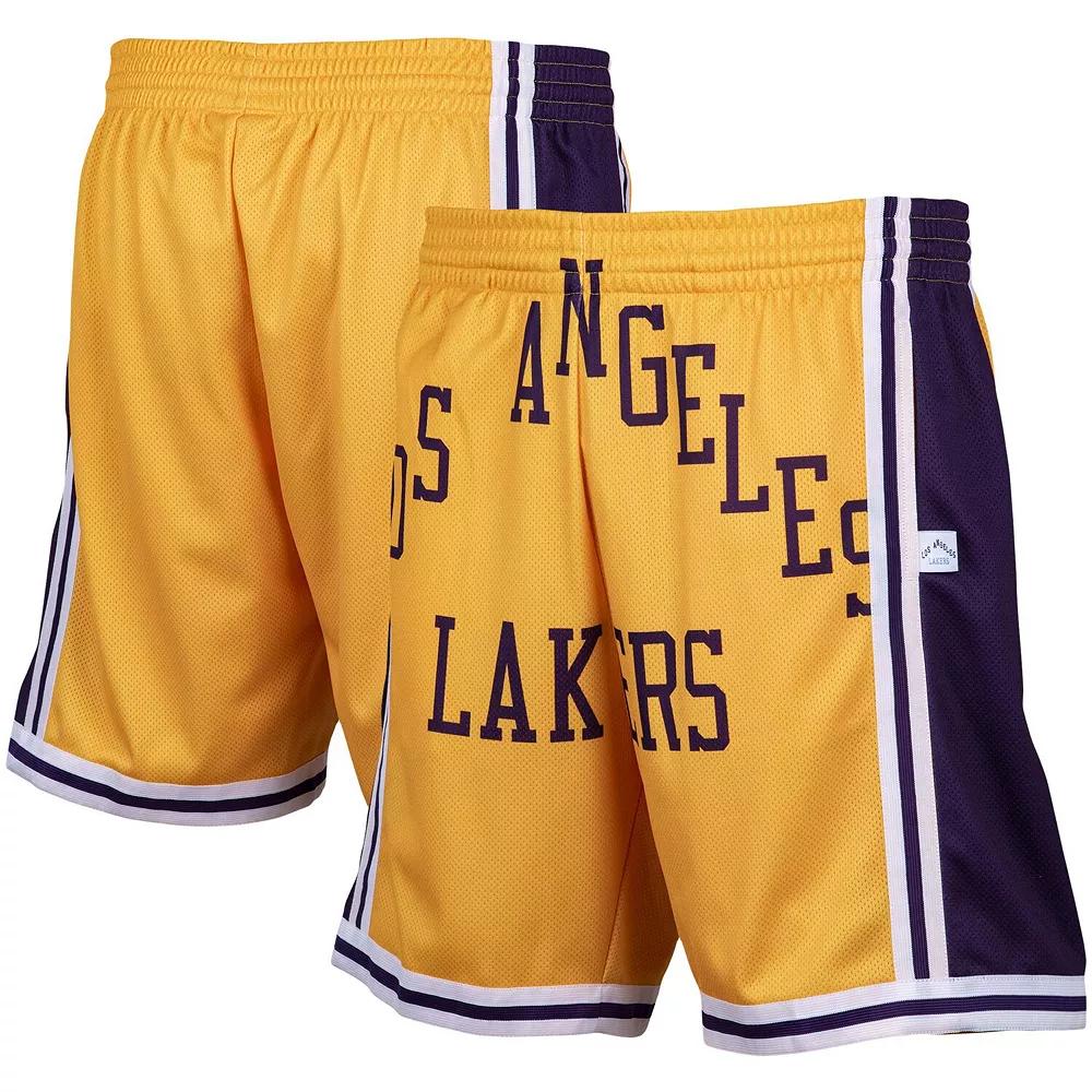 Men's Mitchell & Ness Gold Los Angeles Lakers Hardwood Classics Big Face 2.0 Shorts,  Product Image