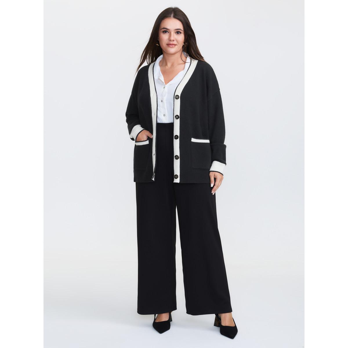Plus Size Supersoft Contrast Trim Pocketed Cardigan Black Women Office Loose Long Sleeve Office Cardigans BloomChic 26/4X Product Image