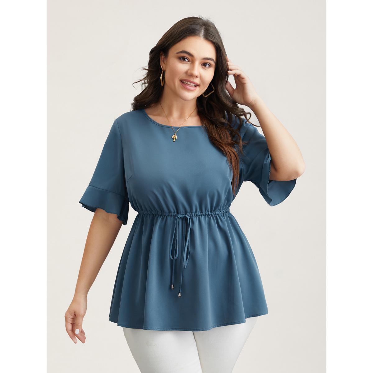 Plus Size Cerulean Ruffled Edge Sleeve Waist-Tie Shirt Women Casual Half Sleeve Round Neck Everyday Blouses BloomChic 28/5X Product Image