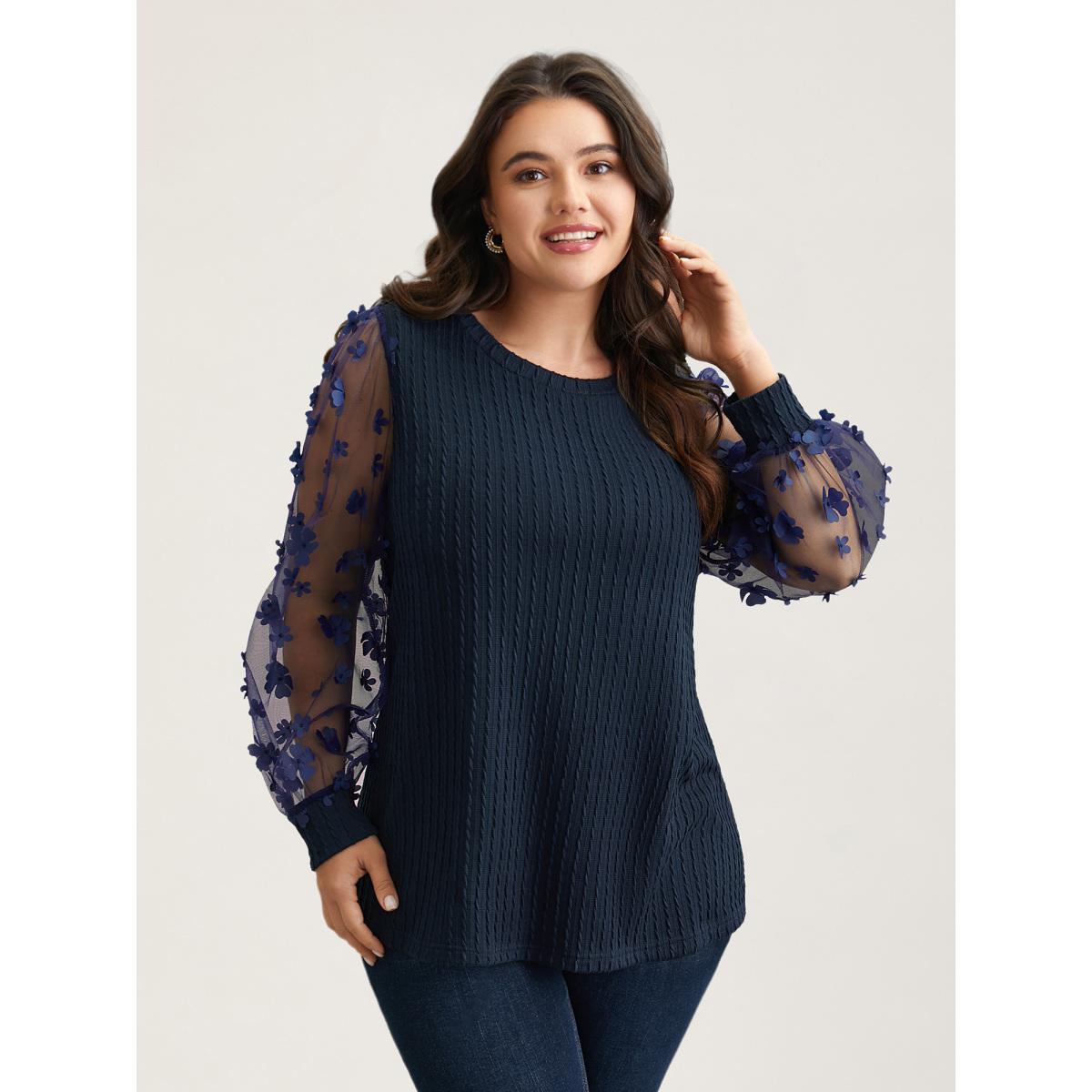 Plus Size Sheer Sleeve Textured Patchwork Round Neck T-Shirt Indigo Women Elegant Texture Round Neck Everyday T-shirts BloomChic 28/5X Product Image