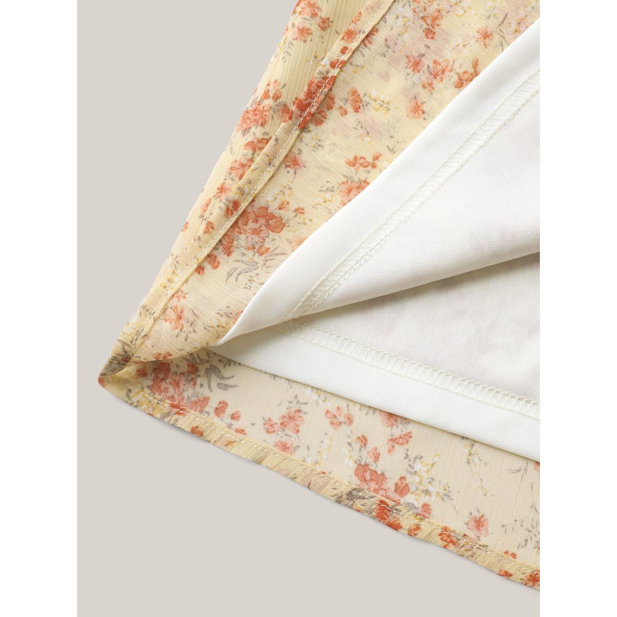 Plus Size Lightyellow Chiffon Floral Print Neck Tie Blouse Women Short sleeve Square Neck Everyday-Elegant Blouses BloomChic 30/6X Product Image