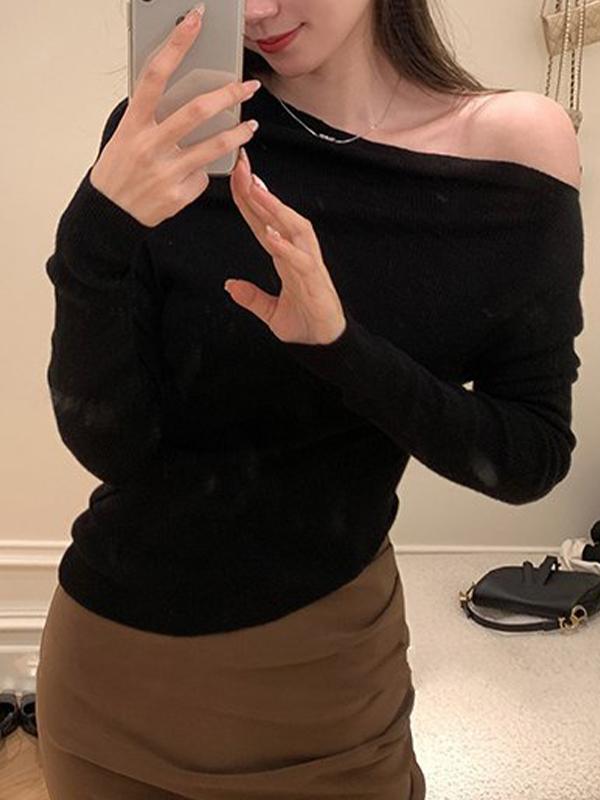 Solid Off Shoulder Long Sleeve Knit Product Image