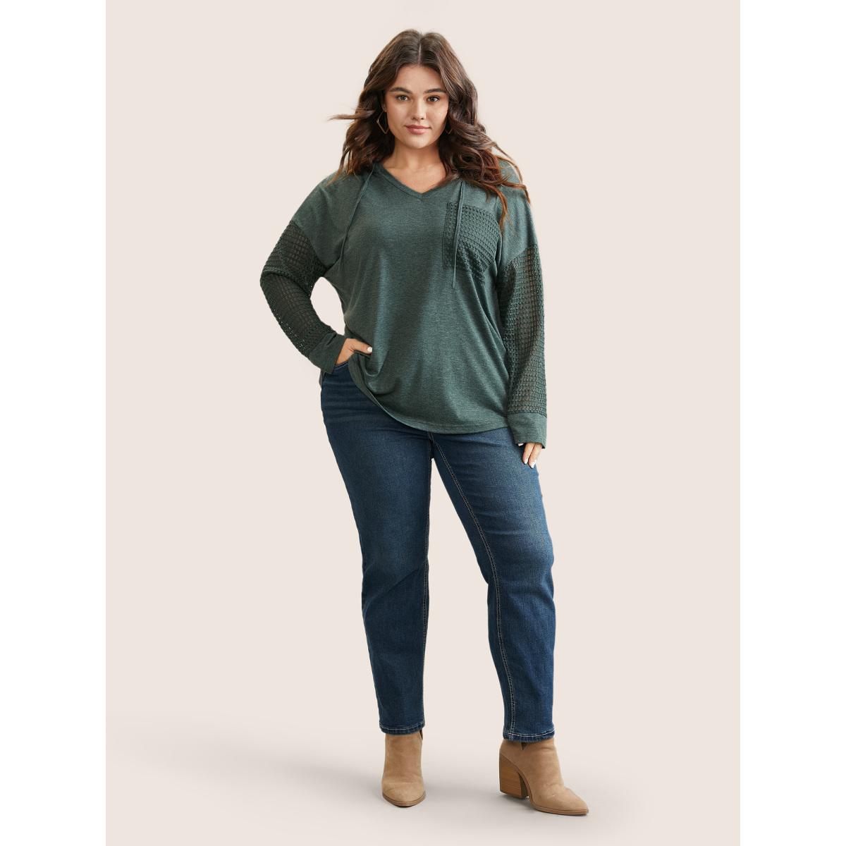 Plus Size Solid Heather Patched Pocket Textured T-shirt Cyan Women Casual Texture Plain Hooded Everyday T-shirts BloomChic 10/M Product Image