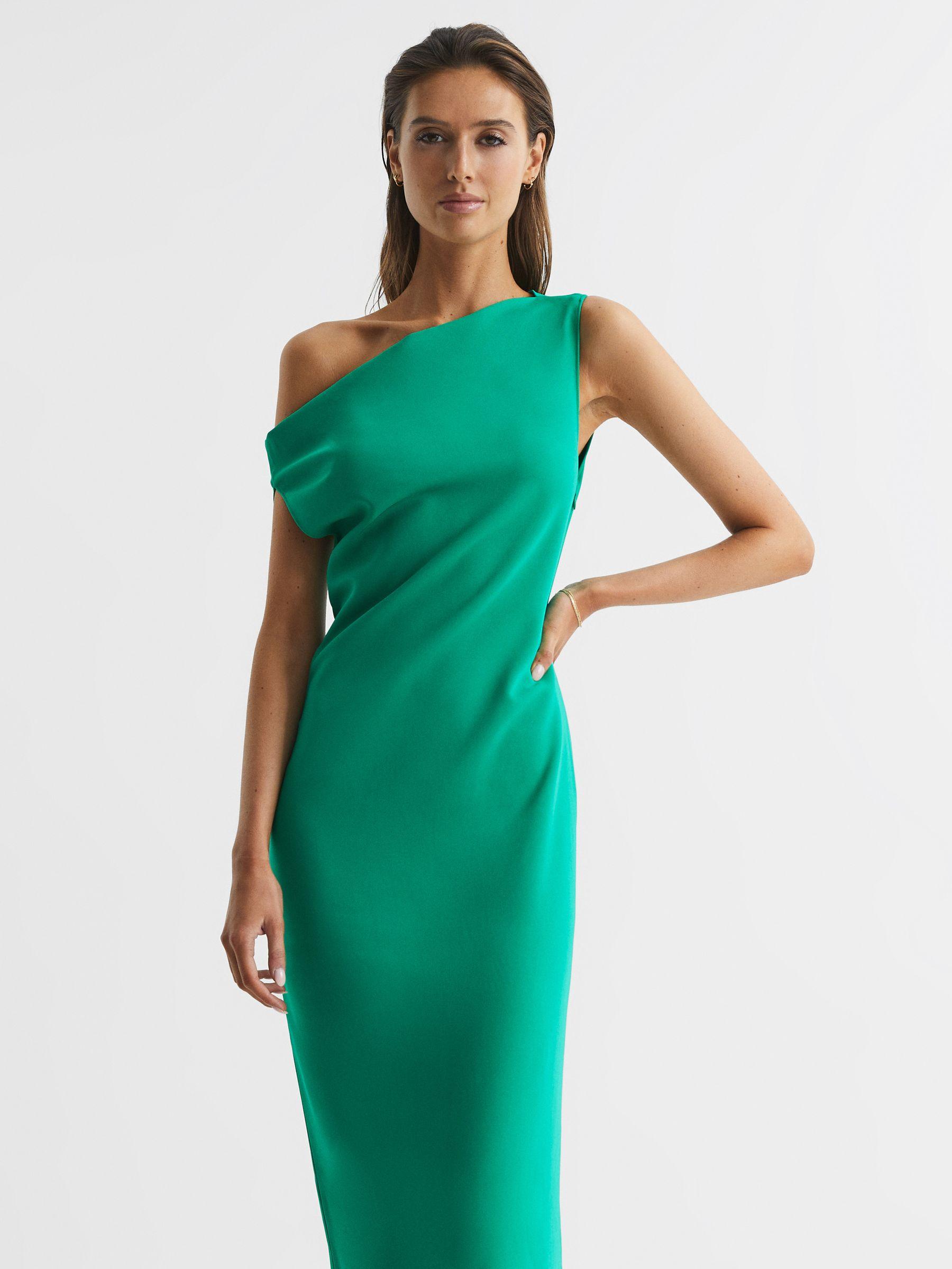 Off-Shoulder Bodycon Midi Dress in Green Product Image