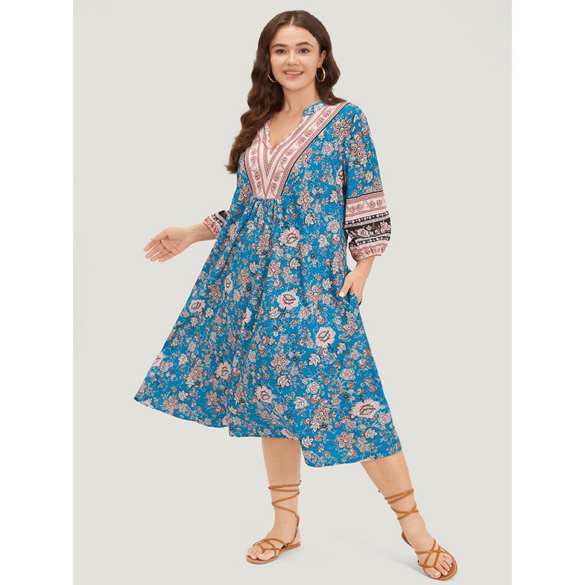 Plus Size Floral Print Notched Lantern Sleeve Contrast Dress Teal Women Vacation Elastic cuffs Notched collar Long Sleeve Curvy Midi Dress BloomChic 14-16/1X Product Image
