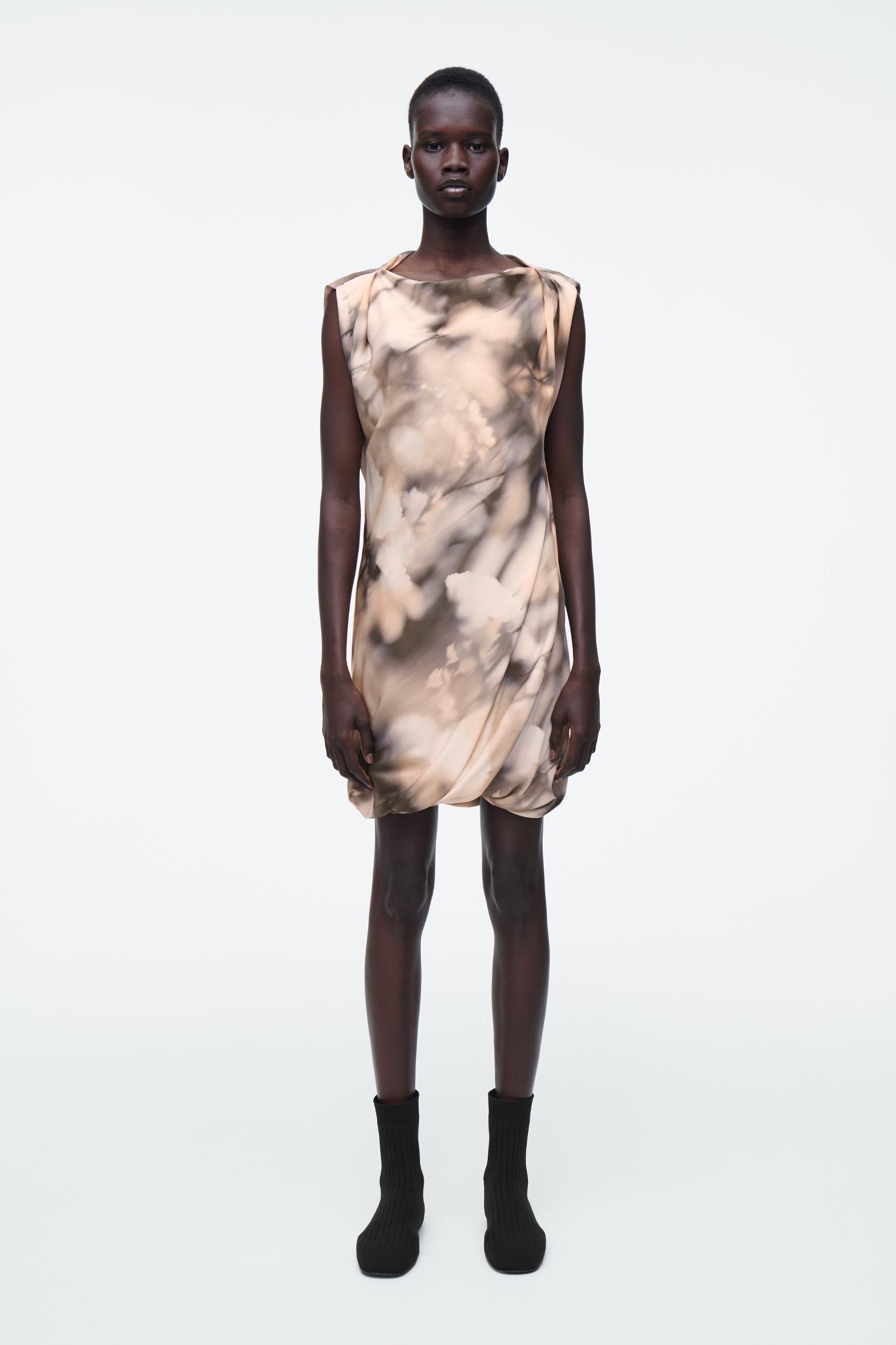 PRINTED DRAPED SILK DRESS Product Image