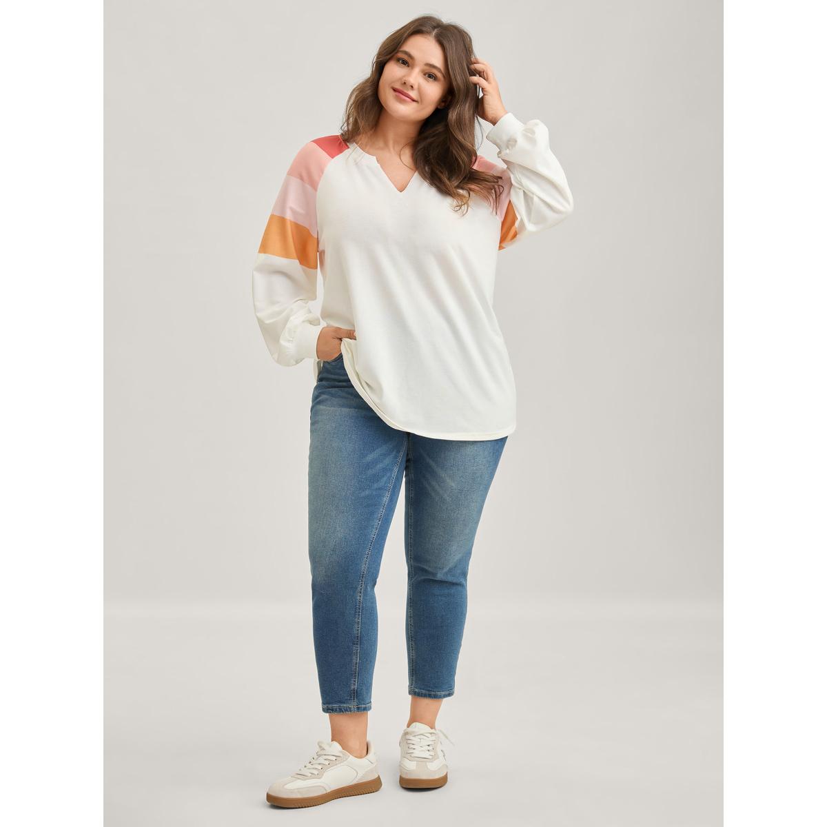 Plus Size Color Block Notched Collar Sweatshirt Women WhiteSmoke Contrast Flat collar with V-notch Casual Sweatshirts BloomChic 10/M Product Image