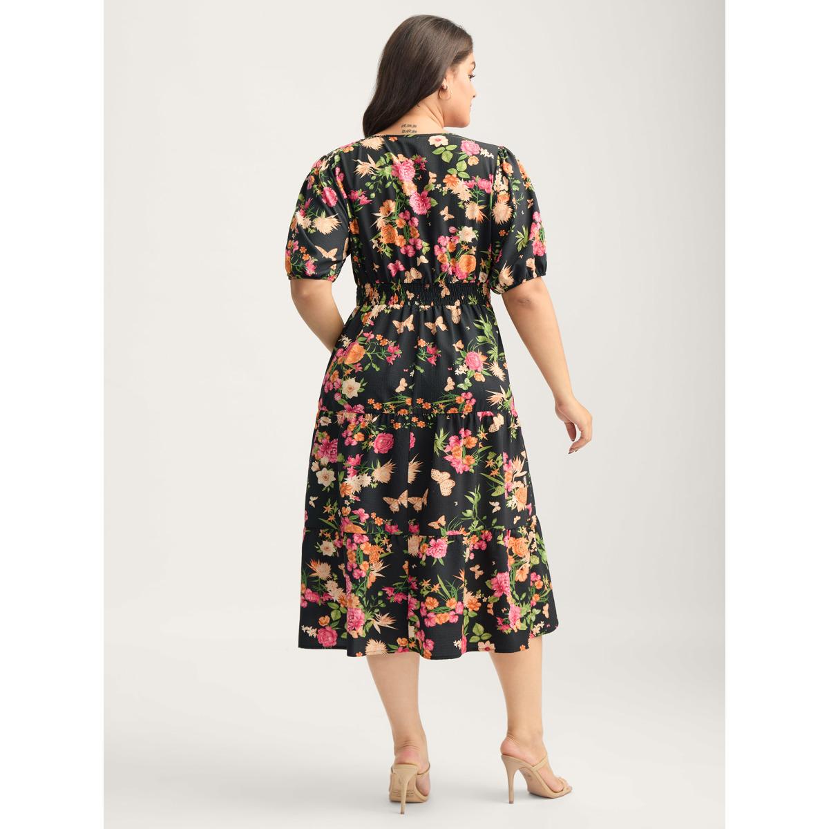 Plus Size Sweet Floral Print Puff Sleeve Midi Dress Black Women Non Short sleeve Curvy BloomChic 28/5X Product Image