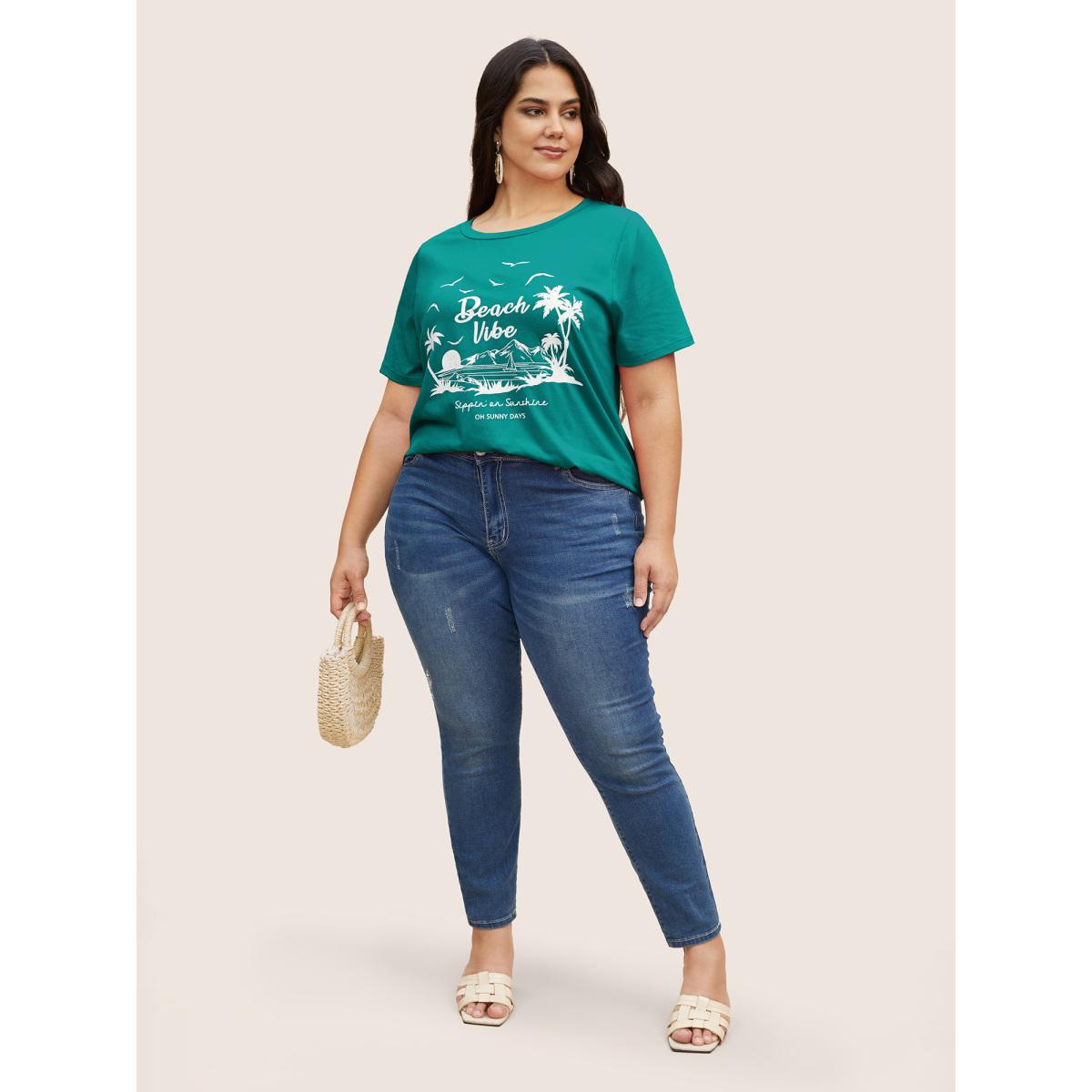 Plus Size Tropical Coconut Tree Print Round Neck T-shirt Teal Women Resort Contrast Art&design Round Neck Vacation T-shirts BloomChic 14-16/1X Product Image