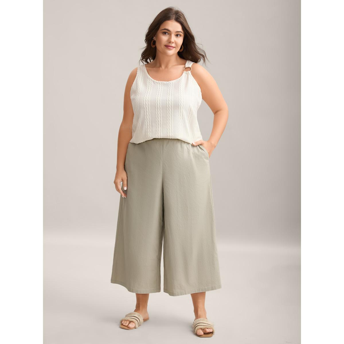 Plus Size Cotton Linen Blend Stretchy Wide-Leg Pants Women Champagne Resort Wide Leg Mid Rise Vacation Pants BloomChic 14-16/1X Product Image