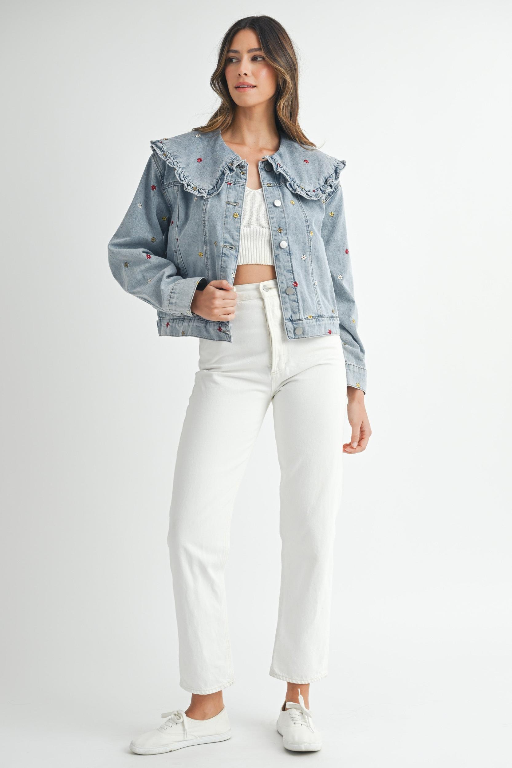 Peter Pan Collar Embroidered Denim Jacket Product Image