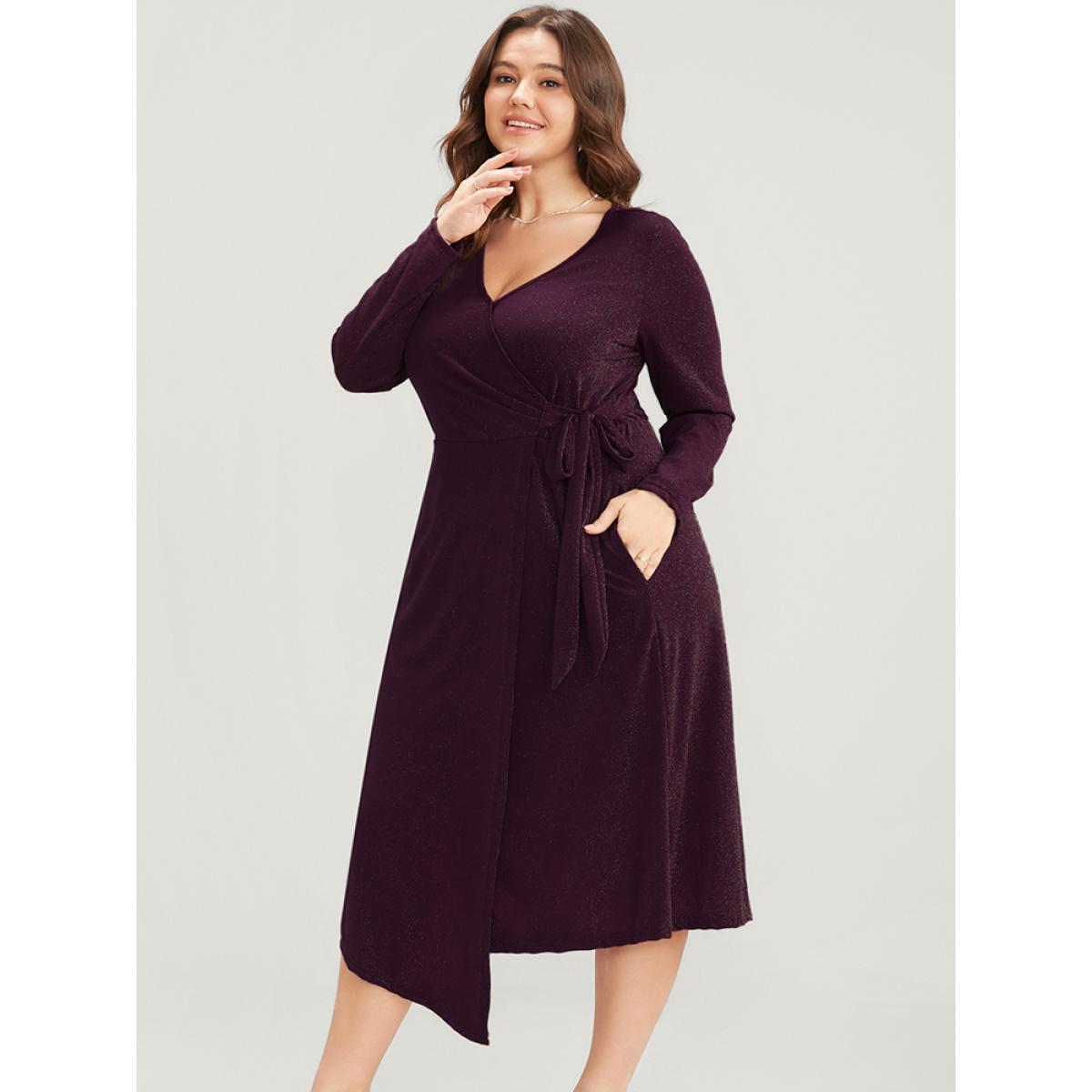 Plus Size Sequin Wrap Knotted Side Pocket Asymmetrical Hem Dress Eggplant Women Party Knotted V-neck Long Sleeve Curvy Midi Dress BloomChic 30/6X Product Image