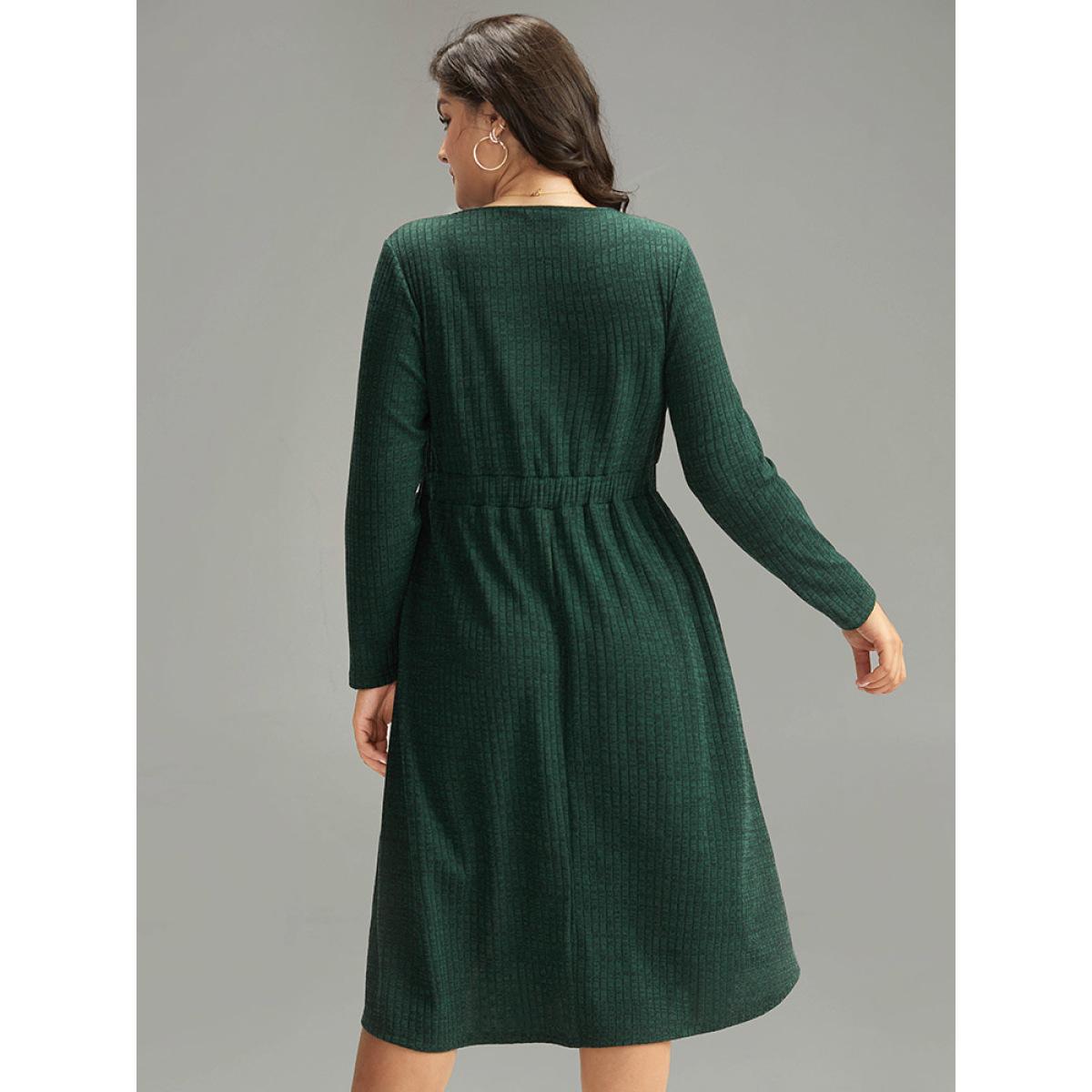 Plus Size Rib Knit Button Detail Pocket Dress DarkGreen Women Casual Plain V-neck Long Sleeve Curvy Midi Dress BloomChic 28/5X Product Image