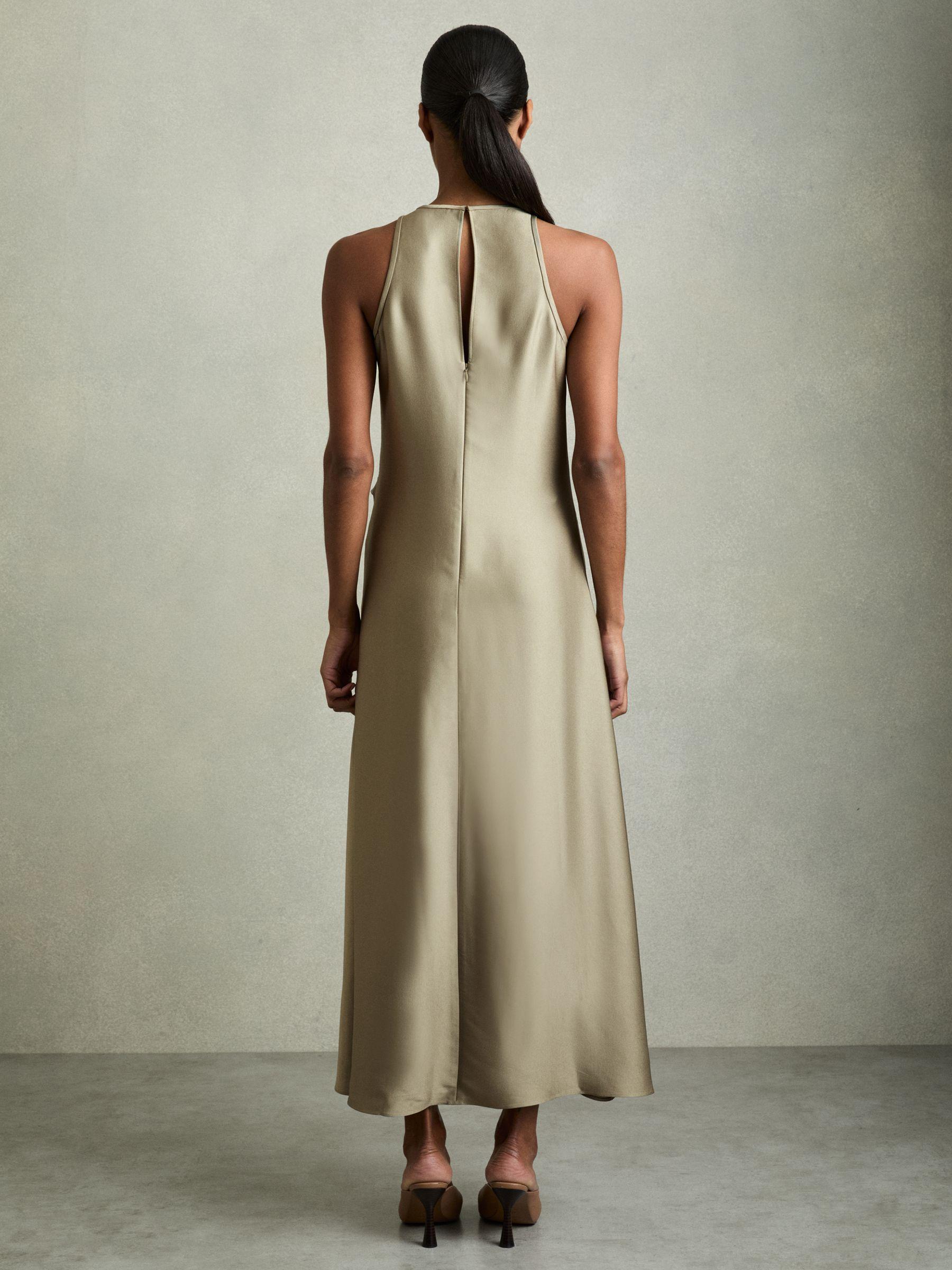 Satin Drape Tuck Midi Dress in Khaki Product Image