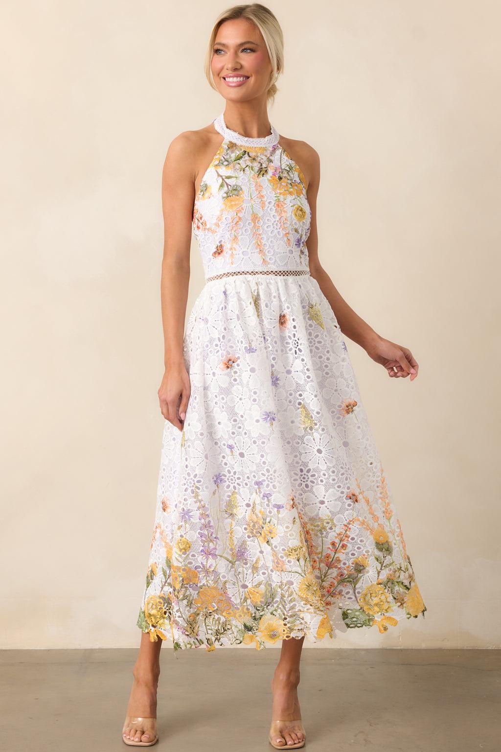 Twirl Me Lavender Floral Embroidered Halter Midi Dress Product Image