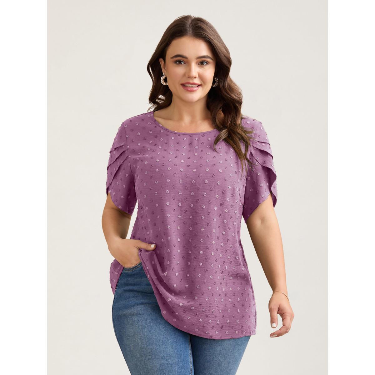 Plus Size Lilac Textured Color Contrast Petal Sleeve Blouse Women Timeless Short sleeve Round Neck Elegant Blouses BloomChic 22-24/3X Product Image