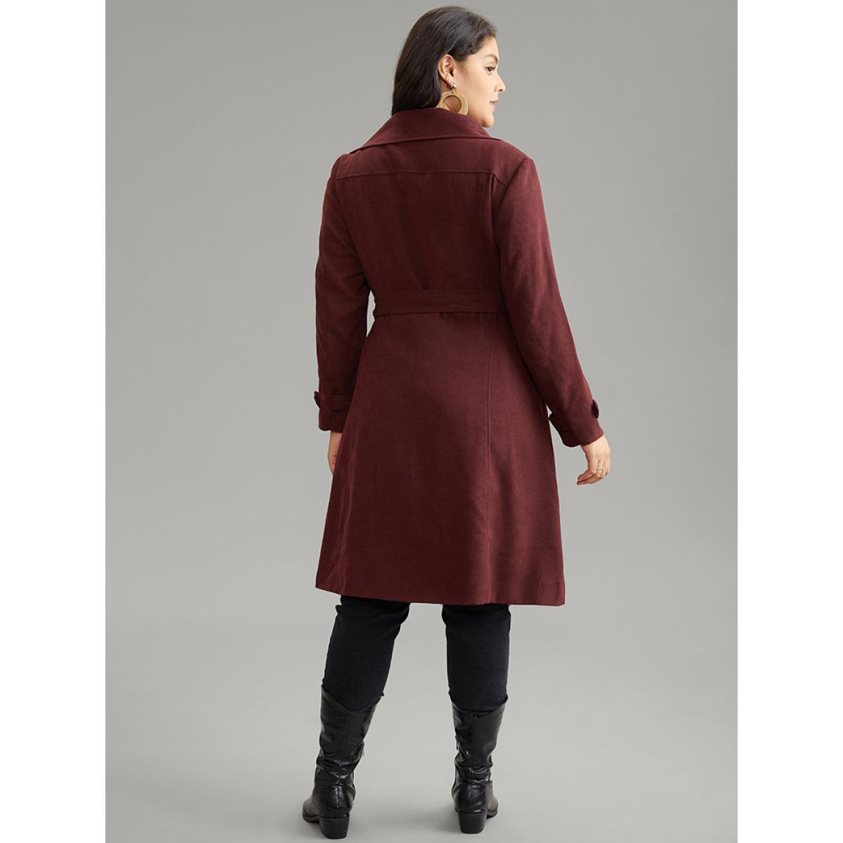 Plus Size Lapel Collar Solid Double Breasted Belted Coat Women Burgundy Work From Home Lined Ladies Work Winter Coats BloomChic 10/M Product Image